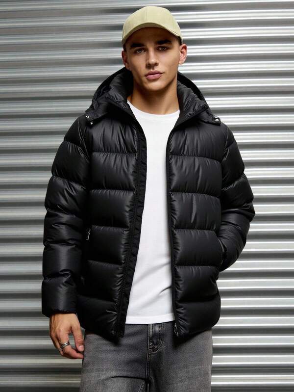 EURMUSE Men High Quality Shiny Fabric Hooded Long Fit Wintercoat