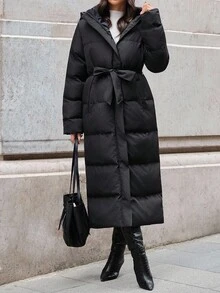 SHEIN Tall Women Padded Jacket With Side Belted Waist And Pockets, For Winter - Black - View 3