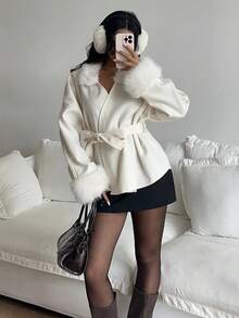 SHEIN EZwear 大码毛领大衣，腰间系带，休闲优雅，适合秋冬季和圣诞节穿着。 - 米色 - 查看 7