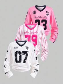 SHEIN 3 件青少年女孩时尚运动字母和数字印花长袖 T 恤（粉色白色条纹、白色、粉色），常规厚度，休闲，秋季