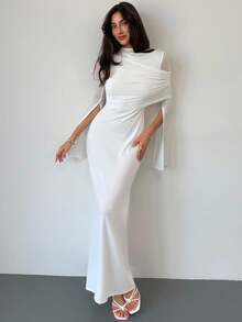 Aloruh Đầm ôm sát cổ cao thanh lịch thiết kế mới, xẻ tà bất đối xứng, tay dài, dáng ôm, chất liệu tương phản, đầm tay loe - trắng - Xem 6