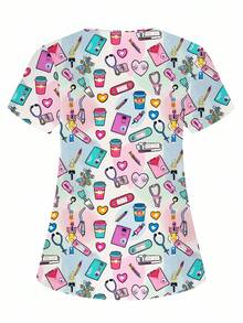 PopScrub Plus Size Women V-Neck Short Sleeve Double Pocket Cartoon Equipment Printed Nurse/Doctor Work Uniform Top, Plus Size Women Solid Color Pet Grooming Work Uniform Top, Plus Size Nutritionist Work Uniform Short Sleeve, Plus Size Functional Multi-Pocket Lab Work Uniform, Plus Size Functional Women's Holiday Wear, Summer - Multicolor - View 2