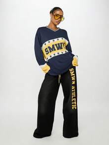 SUMWON WOMEN 宽腿学院风慢跑裤抽绳腰宽松街头风格嘻哈休闲运动裤秋冬家居服 - 黑色 - 查看 3