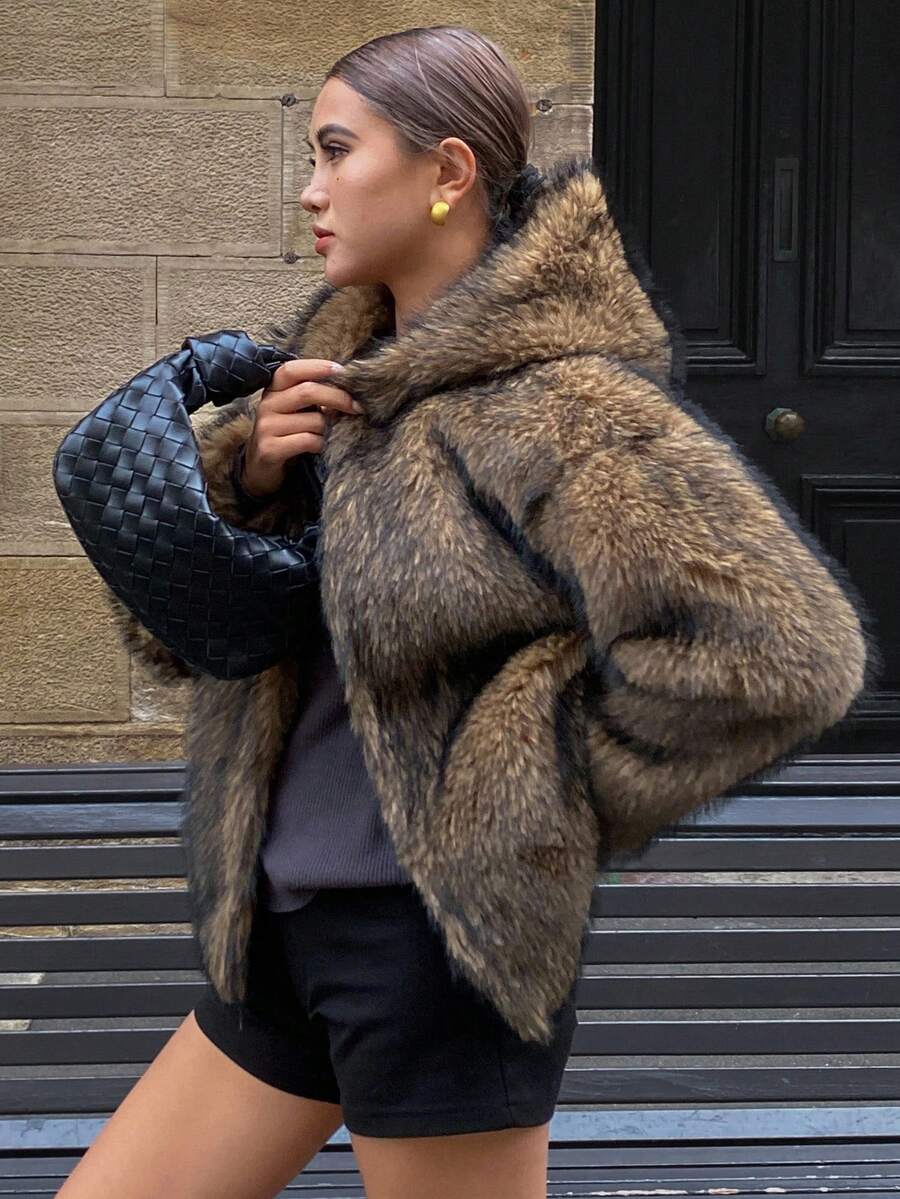 DAZY Áo khoác trùm đầu tay dài dáng rộng phong cách đường phố thu đông, áo khoác lông nhân tạo dành cho nữ - màu nâu - Xem 1