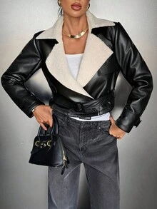 Siren Gaze 新款秋季女式休闲拼接仿毛领外套，休闲保暖 - 黑色 - 查看 6