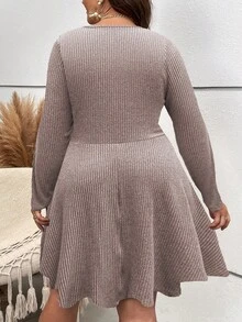 SHEIN EMERY ROSE CURVE Plus Size Women French Casual Ribbed Fuzzy Long Sleeve Dress, Autumn/Winter - Dusty Pink - View 2
