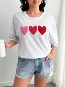 EURMUSE 100% 纯棉白色宽松 T 恤，带刺绣心形细节 - 白色 - 查看 1