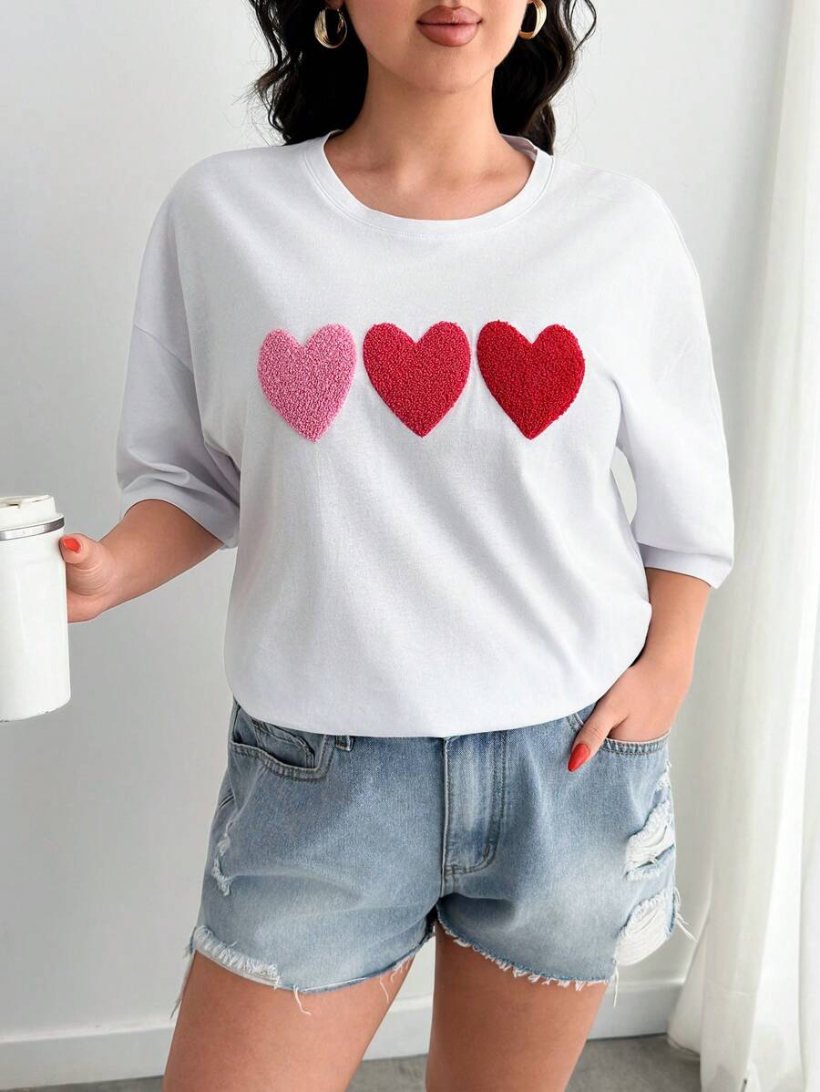 EURMUSE 100% 纯棉白色宽松 T 恤，带刺绣心形细节 - 白色 - 查看 1