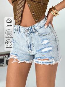 SHEIN Cottnline 100%Cotton High-Waisted Frayed Hem Denim Ultra-Short Shorts For Spring/Summer - Light Wash - View 1