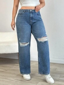 EURMUSE 100% Cotton Plus Size Women Knee Ripped Pockets Waist Elastic Straight Leg Jeans - Light Wash - View 4