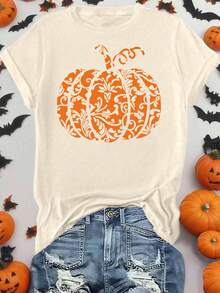 EMERY ROSE Women's Plus-Size Pumpkin Print T-Shirt Halloween - Beige - View 1