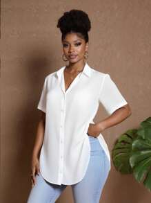 Maweii Plus Size Summer Casual Solid Color Split Hem Shirt - White - View 1