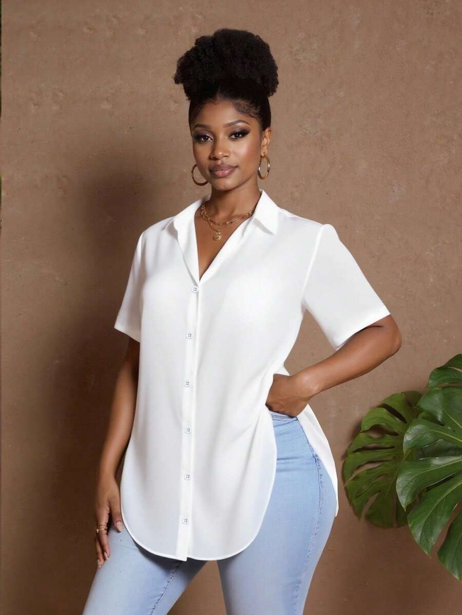 Maweii Plus Size Summer Casual Solid Color Split Hem Shirt - White - View 1