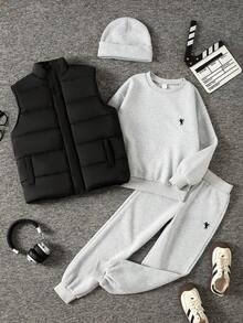 SHEIN 4 件套男童休闲运动服，包括连帽衫、背心、帽子、夹克，适合秋冬季休闲和校服 - 彩色 - 查看 1