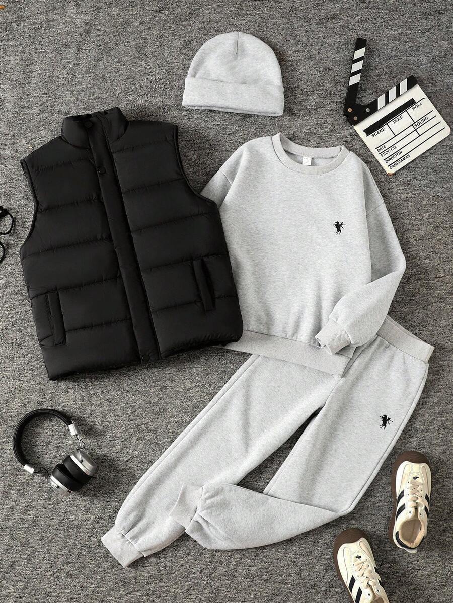 SHEIN 4 件套男童休闲运动服，包括连帽衫、背心、帽子、夹克，适合秋冬季休闲和校服 - 彩色 - 查看 1