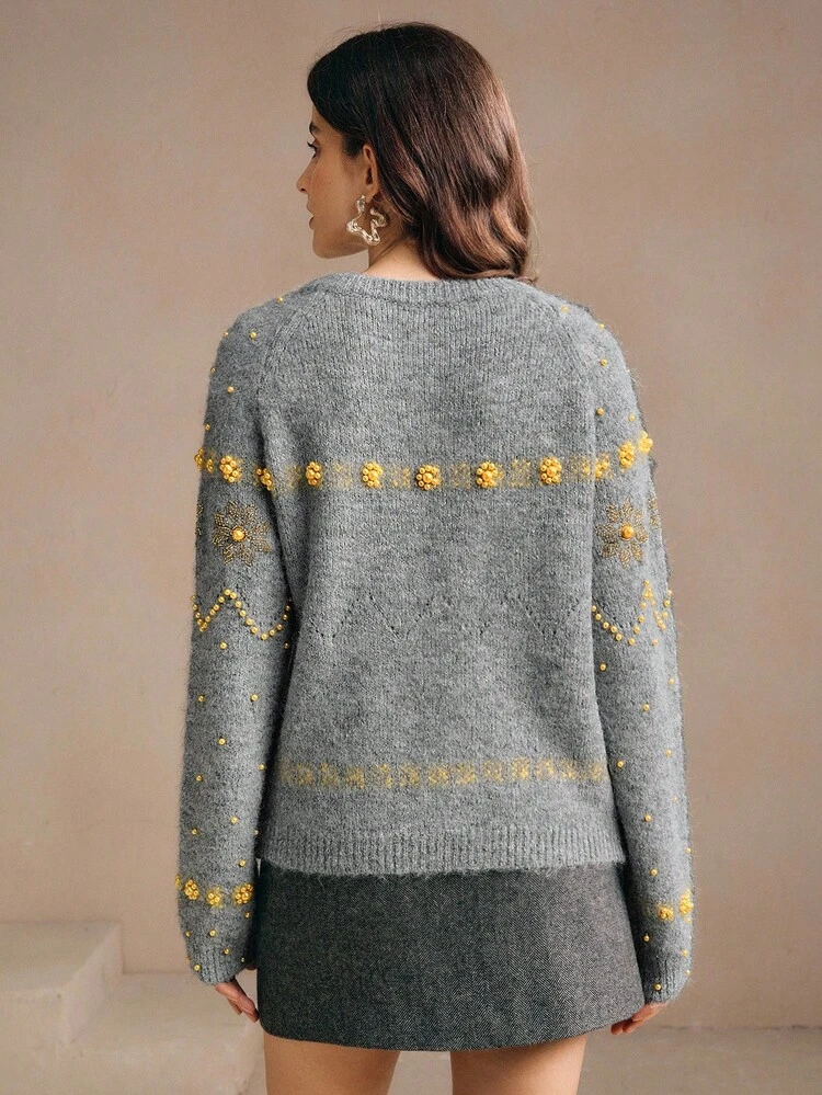 Women's Autumn Raglan Sleeve Beaded Knit Cardigan