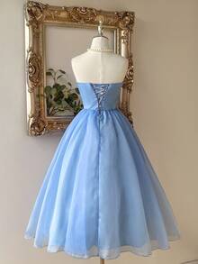 Lovelzi 优雅浪漫的蓝色欧根纱褶皱钢圈收腰喇叭长裙，适合生日派对、约会、婚礼、晚会、舞会礼服 - 藍色 - 查看 2