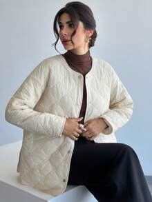 Firerie 女士休闲优雅亮片绗缝围巾领棉服大衣/配围巾的棉服大衣/纹理亮片花朵绗缝/女士秋装/女士冬装/知性优雅女装/日常外出/通勤装/商务谈判 - 白色 - 查看 4