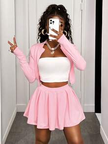 BamGleam Slayr 2pcs Women Casual V-Neck Zip-Up Short Sleeve Top And Pleated Skirt Tennis Outfit Set - A,Back To School Clothes,Pink Two Pieces,Fall Tops