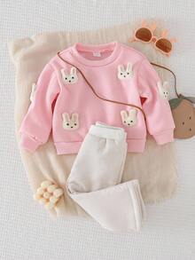Playful Pals 两件套女婴可爱兔子T恤套装，圆领长袖3D立体刺绣兔子T恤上衣搭配松紧腰裤，保暖内衬休闲套装，适合温暖秋冬季日常外出穿着。 - 粉色 - 查看 1