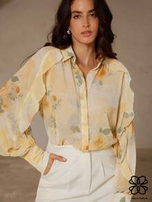 GENKIRA 复古奶油黄浪漫玫瑰花卉随机水彩印花荷叶边宽松蝙蝠袖衬衫 - 黃色 - 查看 1