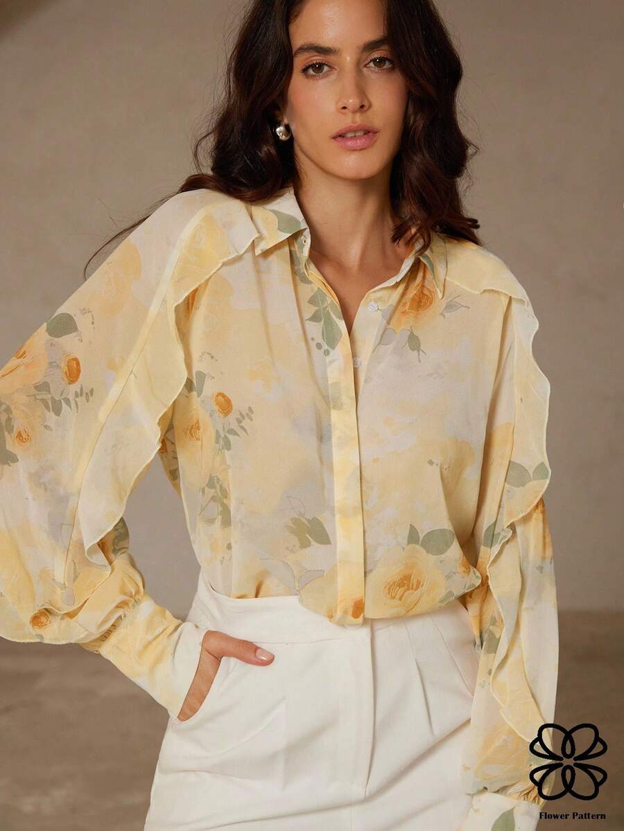GENKIRA 复古奶油黄浪漫玫瑰花卉随机水彩印花荷叶边宽松蝙蝠袖衬衫 - 黃色 - 查看 1