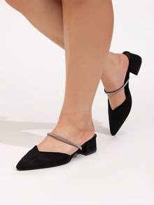CUCCOO CURVES Plus Size Women's Pointed Toe High Heel Rhinestone Embellished T-Strap Fashion Dress Pumps - Black - View 6