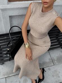 Rafferiza Women's Solid Color Elegant Sweater And Skirt Set - Khaki - View 5