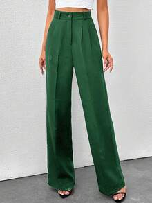 SHEIN Tall Tall Women's Solid Color High Waisted Wide Leg Pants Green Pants For Women High Waist Pants Pleated Pants Emerald Green Pants Pleated Wide Leg Pants - Green - View 6