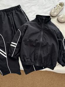 Genkimix Kids Áo khoác trơn thường ngày họa tiết ruy băng cho bé trai + Quần ống đứng trơn thường ngày họa tiết ruy băng - màu đen - Xem 2