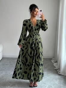 Elenzga Women's Elegant Fashion Commuter Casual Comfortable Charming Retro Long Sleeve V-Neck Waist Gathered A-Line Pleated Hem Long Printed Dress (Random Print) - Green - View 4