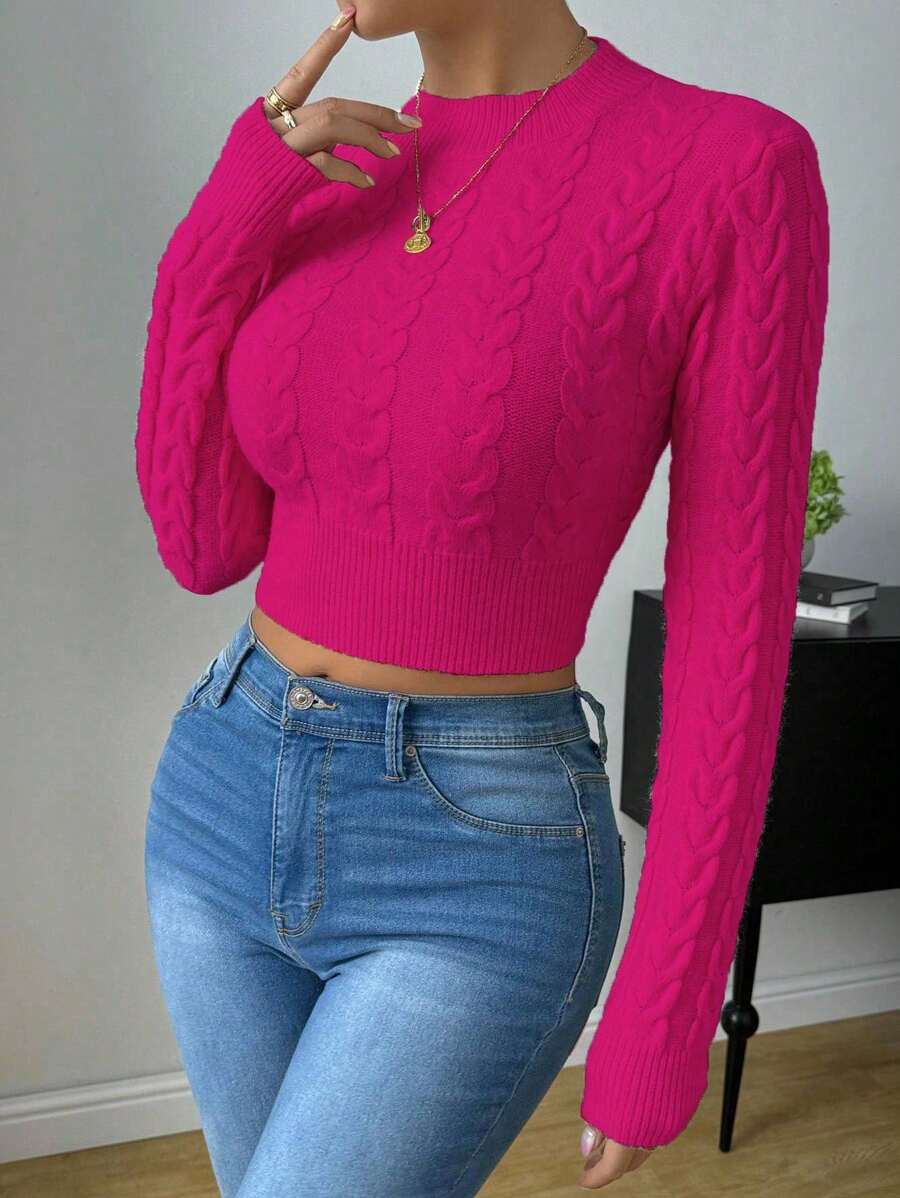 EMERY ROSE Women's Autumn Cable Cable Pattern Crew Neck Long Sleeve Cropped Fitted Sweater Fall Winter Cloth For Women - Hot Pink - View 1