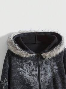 ROMWE Fairycore 女式秋季十字拉链领连帽衫，镶有水钻，做旧水洗 - 黑色 - 查看 3