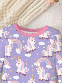 两件套女童独角兽、彩虹、云朵和星星印花长袖上衣和裤子睡衣套装，柔软弹力针织面料，舒适修身 - 彩色 - 查看 4