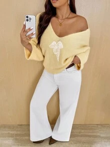 Vionelle 大码女式宽松V领仿皮草针织毛衣，休闲，秋冬 - 黃色 - 查看 7