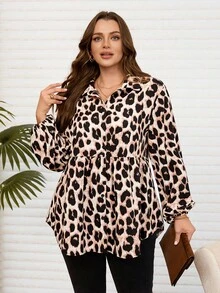 EMERY ROSE Plus Size Leopard Print Ruffle Hem Blouse, Casual For Women, All Season For Women - Multicolor - View 6