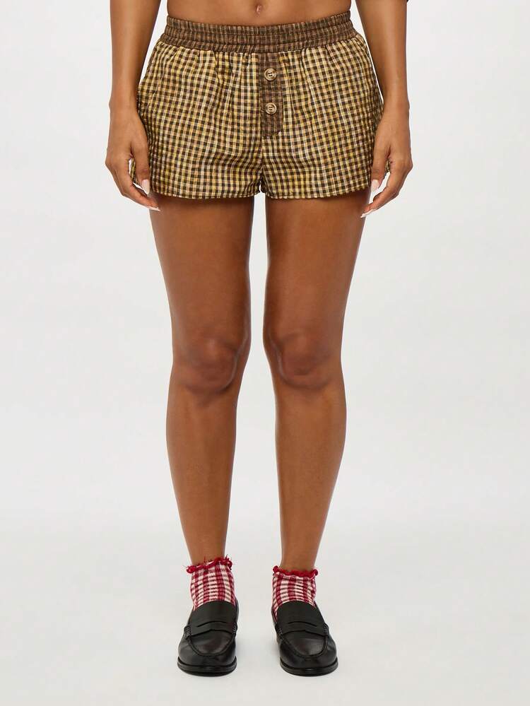 SUMWON WOMEN Vintage Inspired Button Front Check Print Boxer Shorts Mid Rise Elastic Waist Band Loungewear Preppy Style Fall Winter Bottoms