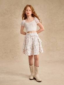 女童花卉印花荷叶边下摆松紧腰休闲裙 - 杏色 - 查看 6