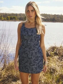 Aralina 女式休闲无袖腰果图案牛仔连衣裙，夏季 - 深色水洗藍 - 查看 5