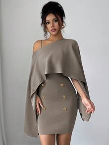 Elenzga 2 Pieces Vintage Asymmetrical Knit Poncho Cape Slip Dress Women's Suit, High-End Atmosphere Sweater Set, Autumn/Winter 2025 New Arrival Fall Cloth For Women - Multicolor - View 8
