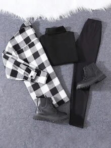 SHEIN Sparklyn 3 件套女童休闲格子衬衫（带口袋）、长袖上衣和紧身裤，适合年龄较大的青少年女孩 - 黑色 - 查看 2