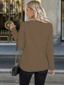 Chiquease Women's Solid Color Long Sleeve Double-Breasted Casual Sweater, Autumn Fall Winter Cloth For Women - Coffee Brown - View 2