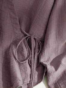 Modelyn Women's Casual Solid Color Wrap Tie Long Sleeve Shirt,Fall Tops - Dusty Purple - View 3