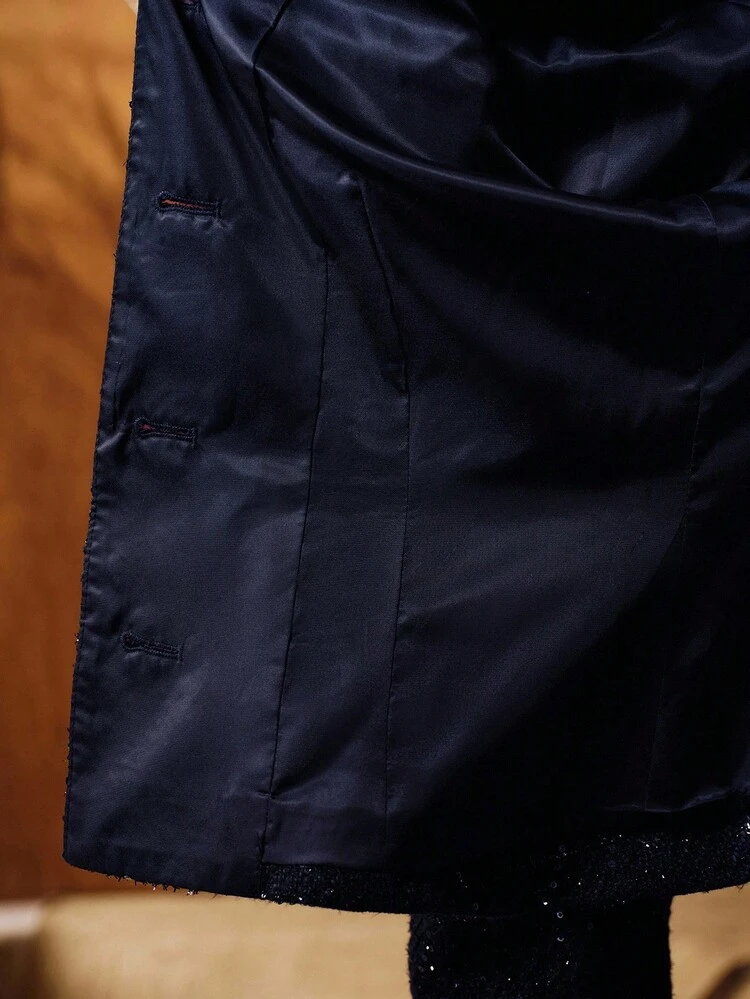 Damen Vintage Rundhals Tweed Pailletten Quasten Perle Strick Elegant Metall Knopf Taille Langarm Weihnachten Kurze Jacke