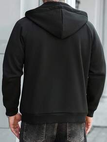 Manfinity Homme Men's Solid Color Long Sleeve Utility Pocket Zip Front Drawstring Zip Up Black Hoodie Sweatshirt, Casual For Autumn - Black - View 2