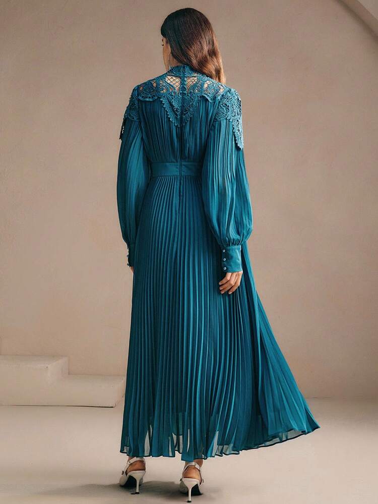 Elegant Handmade Beaded Floral Patchwork Pleated Hem Long Dress, Suitable For Fall, Autumn, Elegant, Chic, Party, Christmas, New Year, Wedding