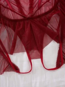 SHEIN Women's Lace Contrast Mesh Sheer Backless Bodysuit For Rave For Going Out - Burgundy - View 5