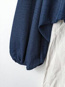 Linhara 大码休闲度假衬衫，纽扣装饰，荷叶边袖，前条纹设计，乡村休闲风，适合日常穿着，秋季女装 - 藍色 - 查看 3