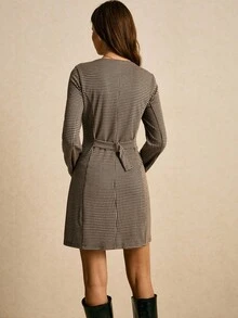 Poéselle 女式优雅千鸟格领长袖单排扣通勤连衣裙，秋季 - 棕色 - 查看 8