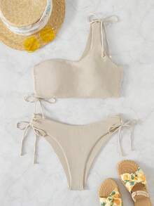 Swim Basics Summer Beach Rib One Shoulder Tie Side Bikini - Beige - View 3